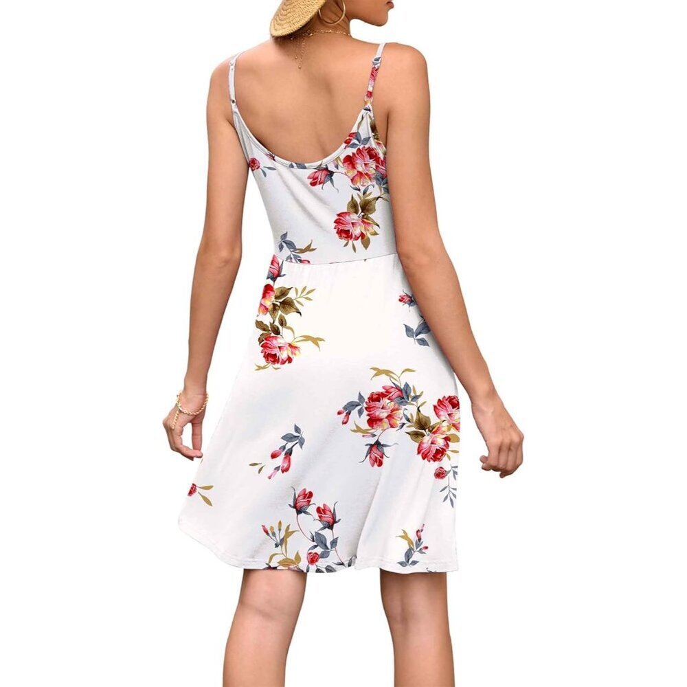 Women's Floral White V Neck Spaghetti Strap Flowy Mini Dress with Pockets - Picture 4 of 5
